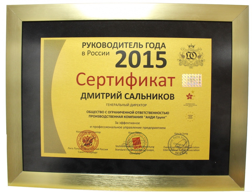 Сертификат "Руководитель 2015 года"